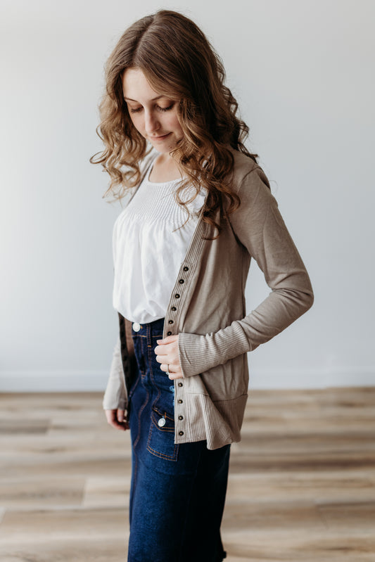 Harper Snap Front Cardigan in Taupe