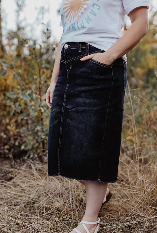 Twila Midi Denim Skirt in Black