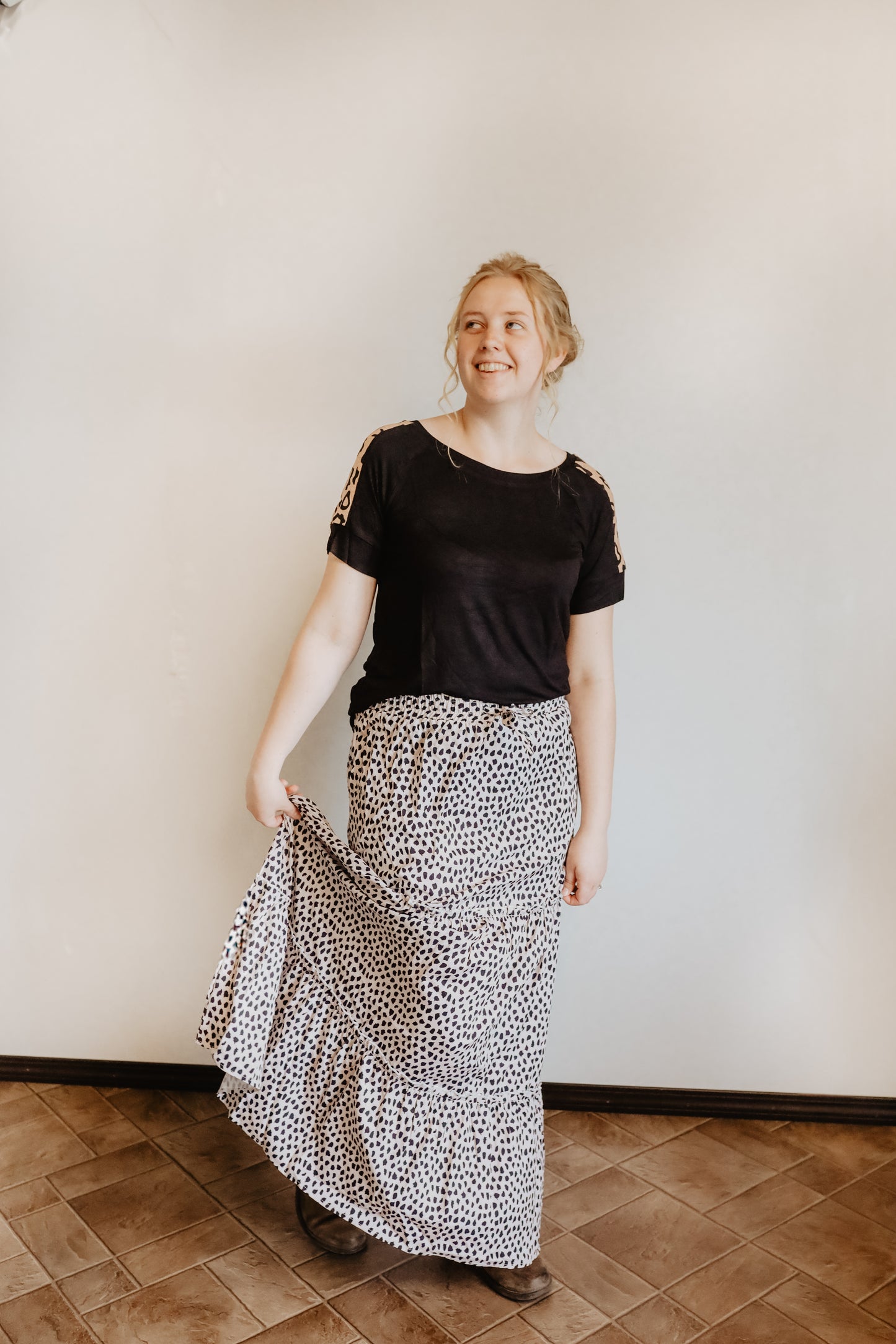 Kenny Dot Print Tiered Maxi Skirt