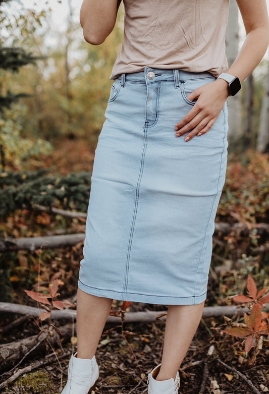 Selah Light Wash Midi Denim Skirt