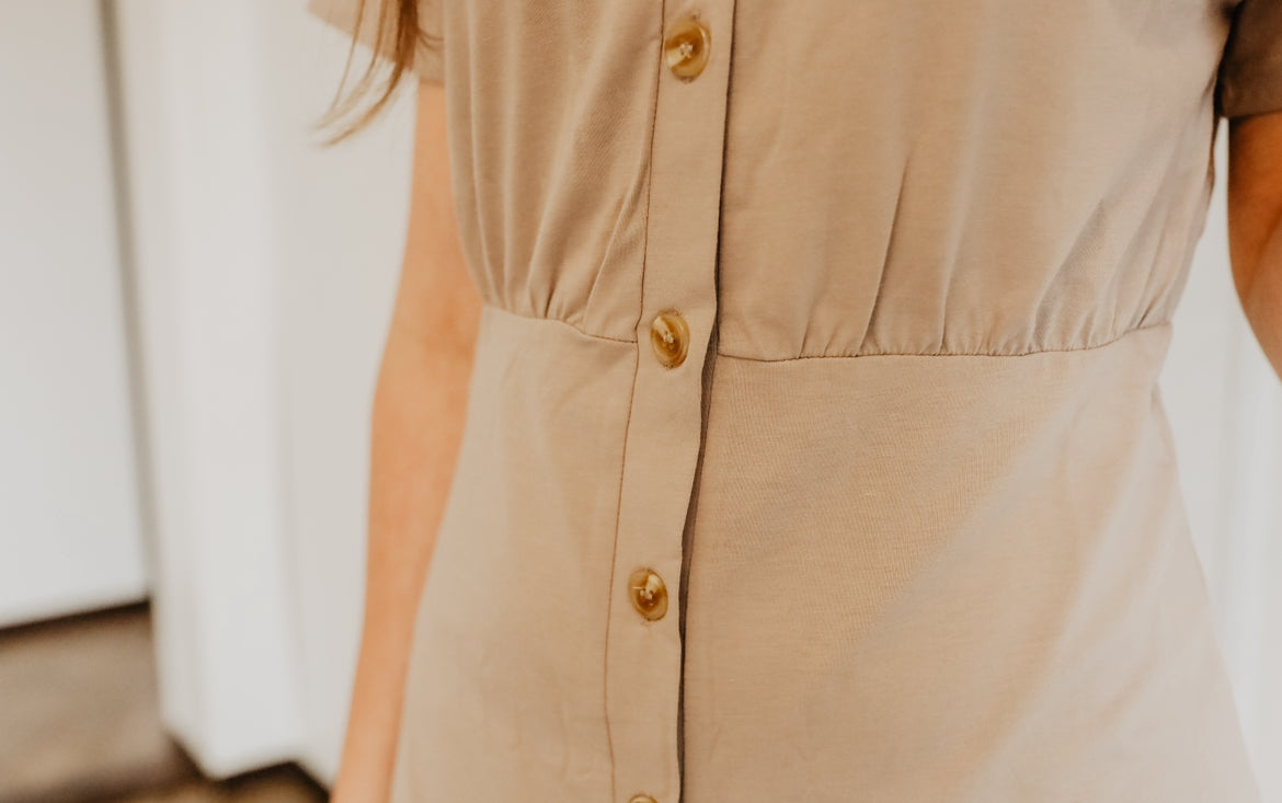 Slim Fit Button Detail Dress in Taupe